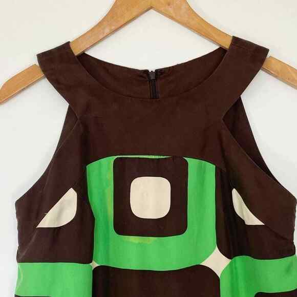 Milly New York Silk Green Brown Geometric Silk Print Shift Mini Dress - Picture 3 of 14